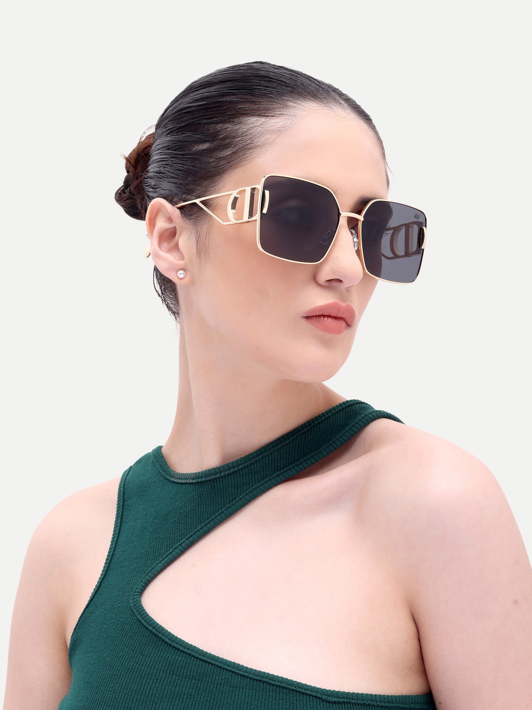 Orlina Gold Black Metal Square UV Protected Womens Sunglasses