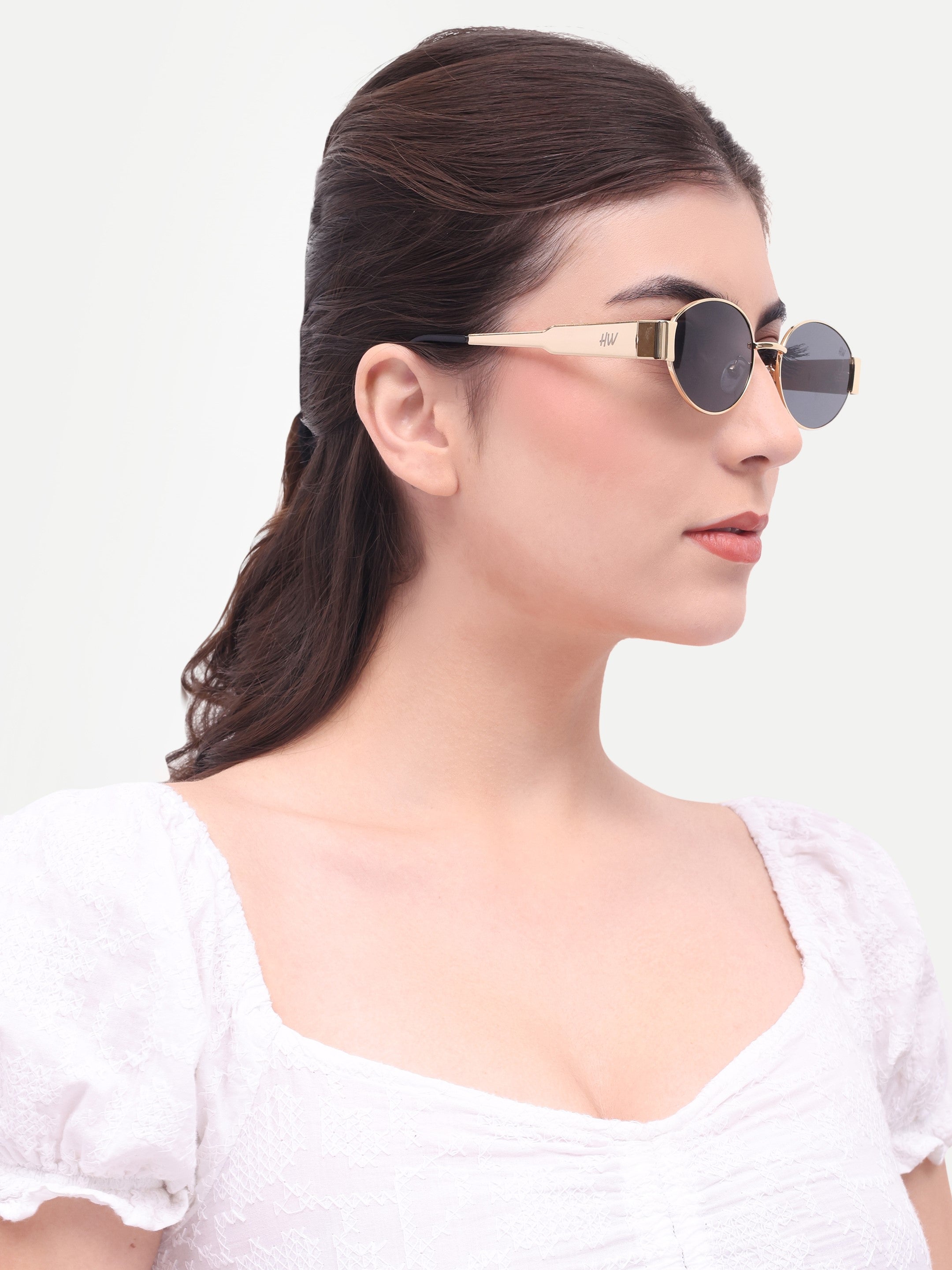 Women's Oval Golden Black UV Protected Sunglasses