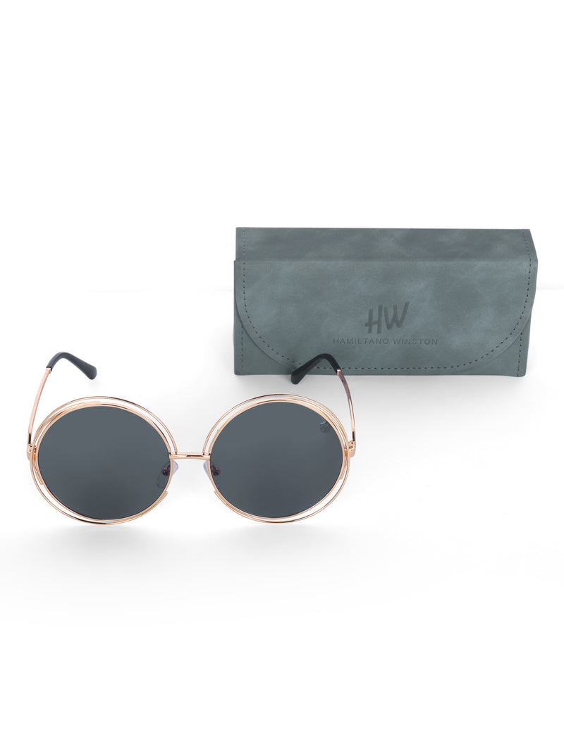 Women's UV Protected Black Golden Oversized Round Sunglasses