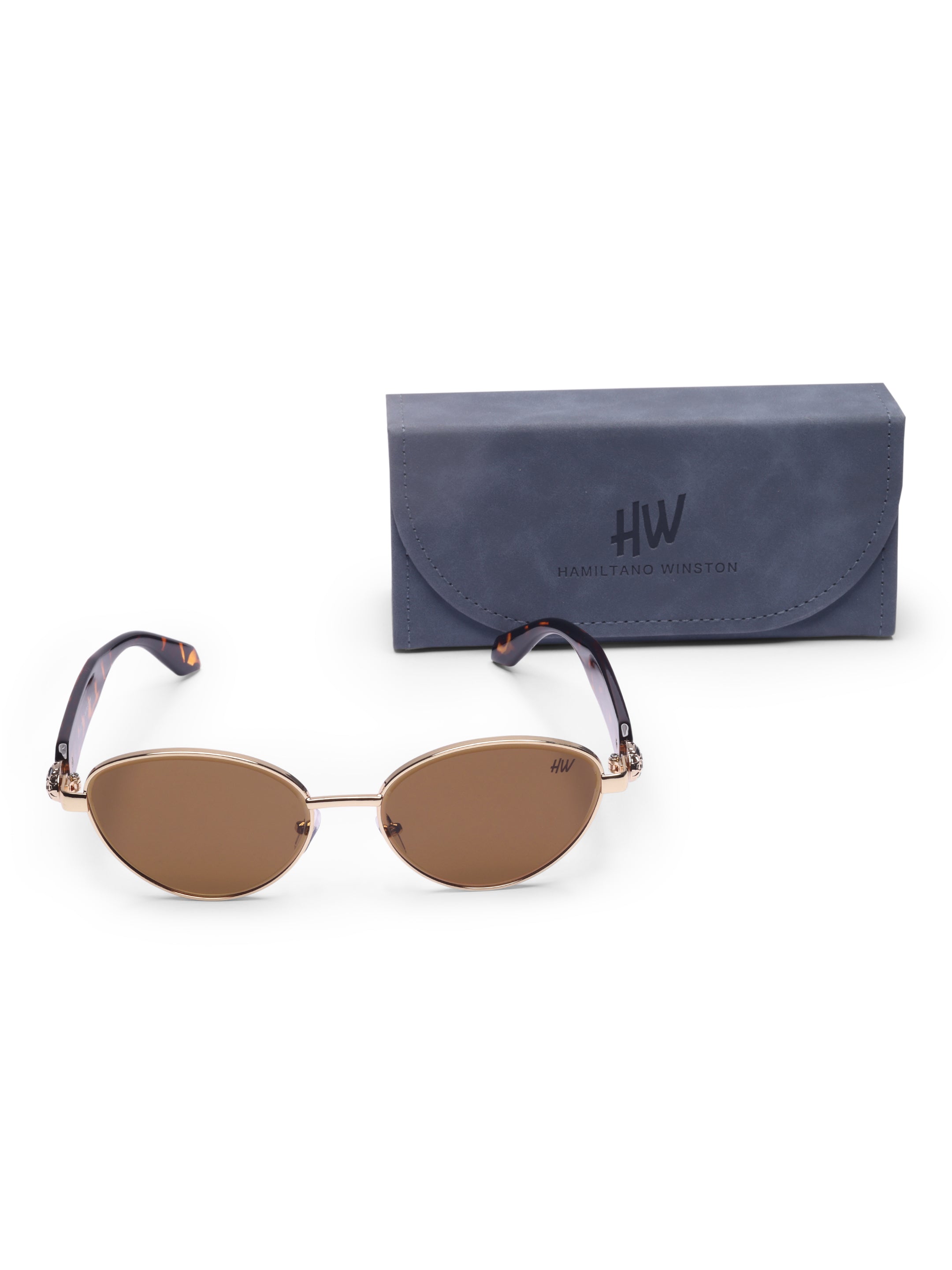 Women's Gold Brown Oval Metal Sunglasses