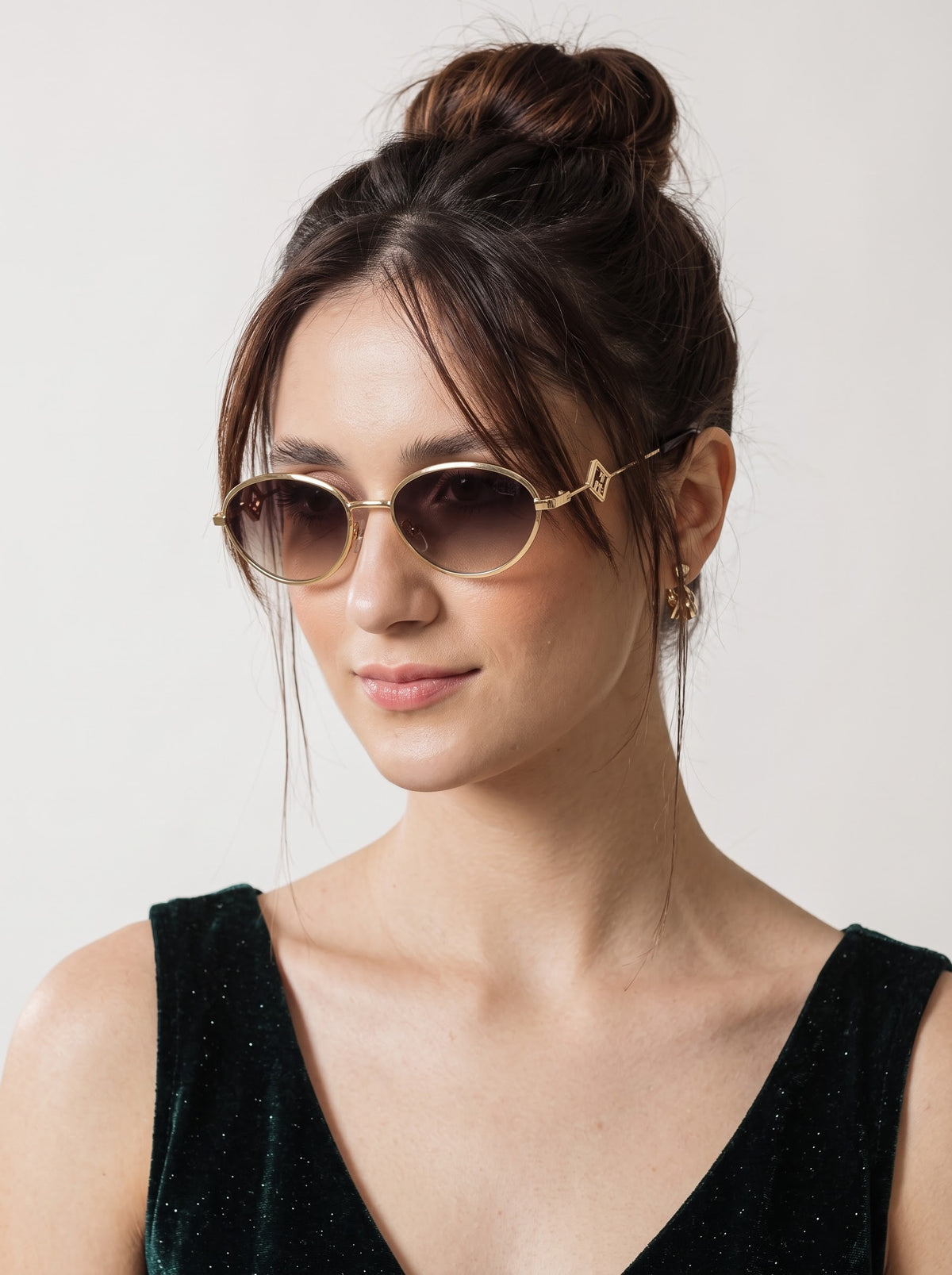 Luxy Gold Shade Brown Metallic Oval Women Sunglasses