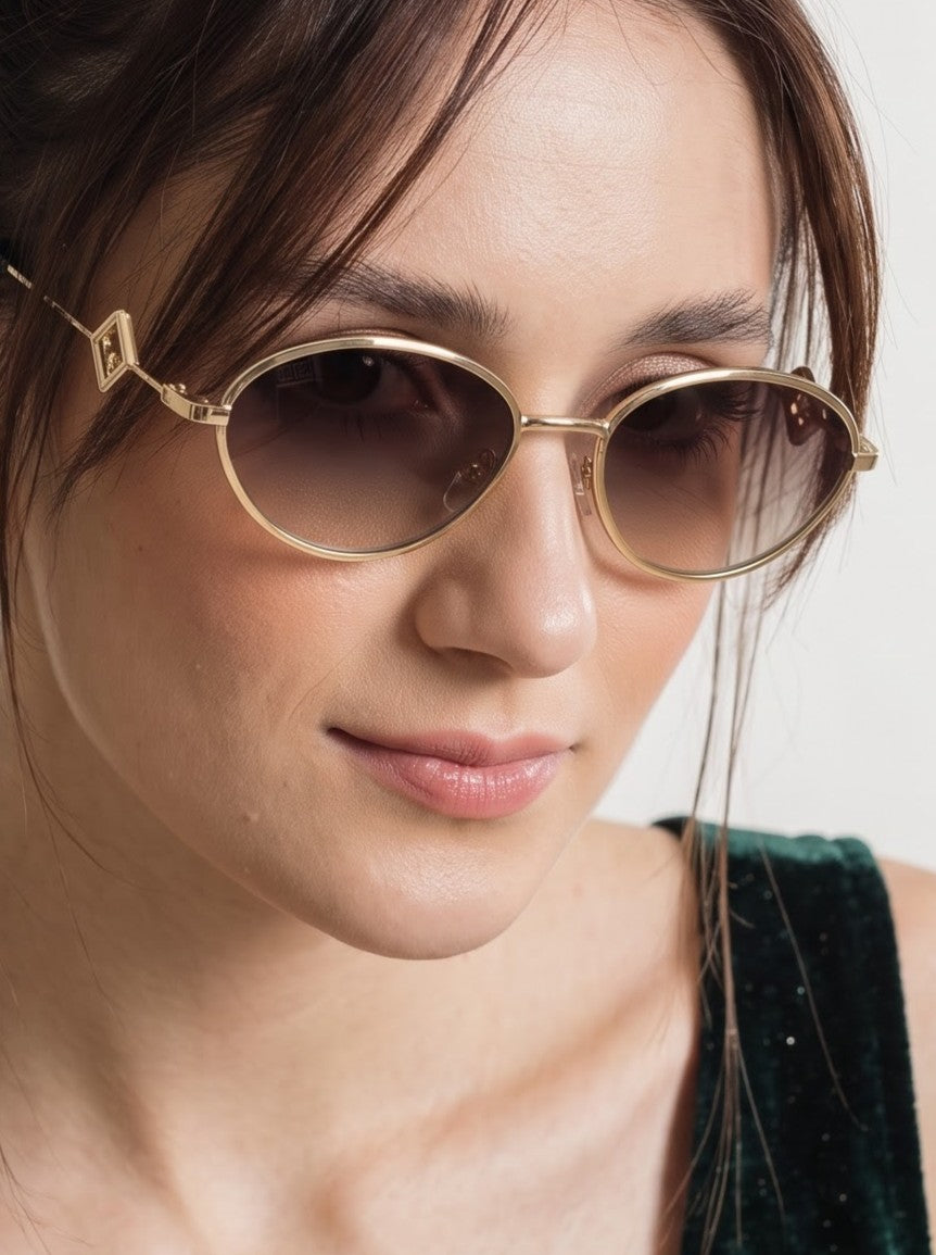 Luxy Gold Shade Brown Metallic Oval Women Sunglasses