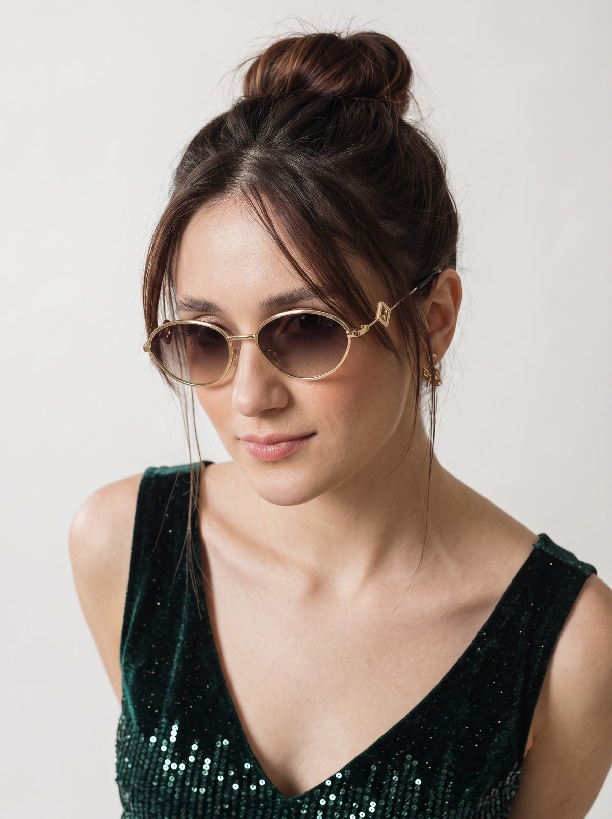 Luxy Gold Shade Brown Metallic Oval Women Sunglasses