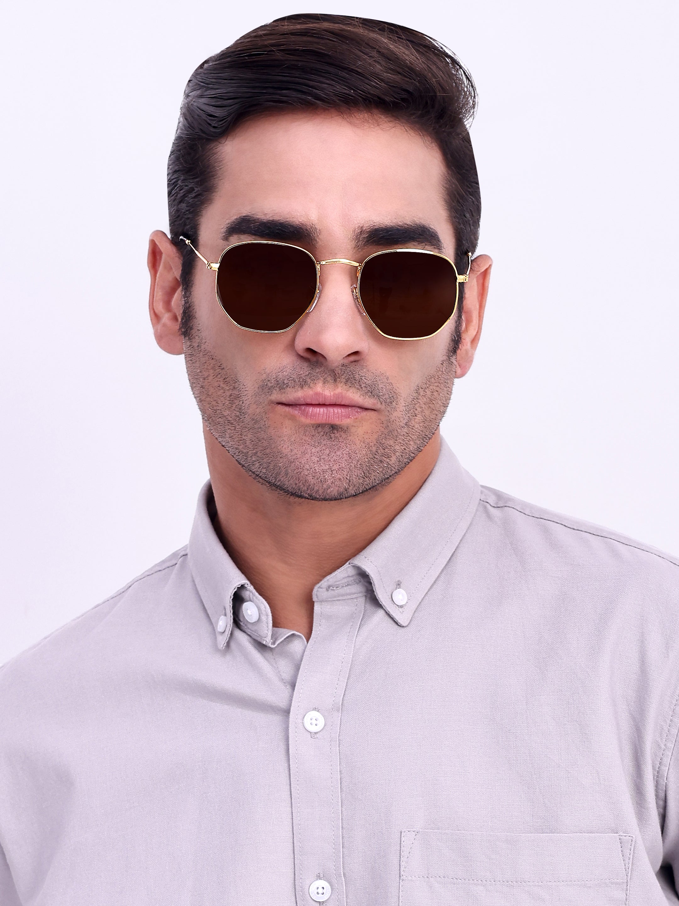 Men Hexagon UV Protected Sunglasses Brown