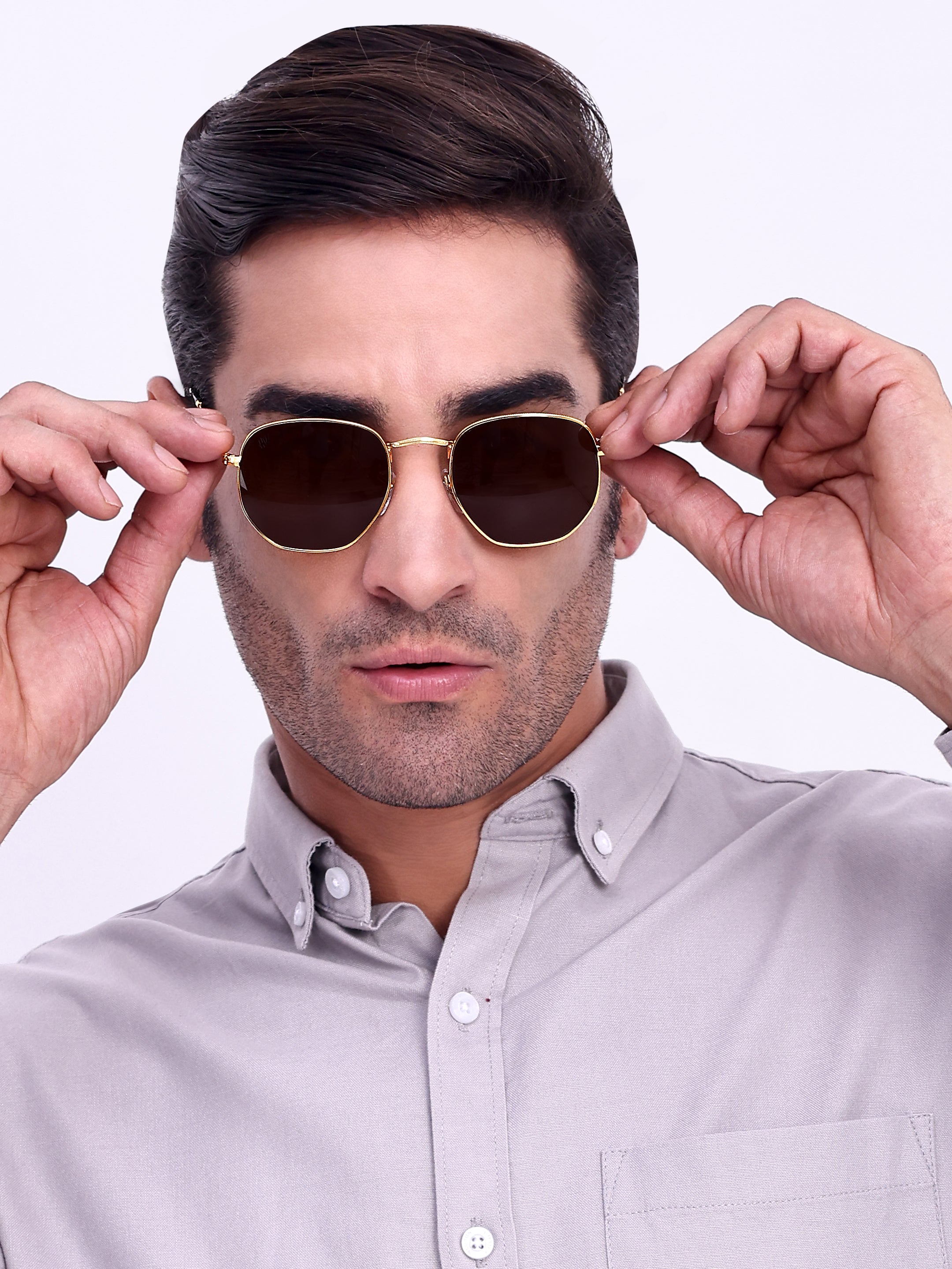 Men Hexagon UV Protected Sunglasses Brown