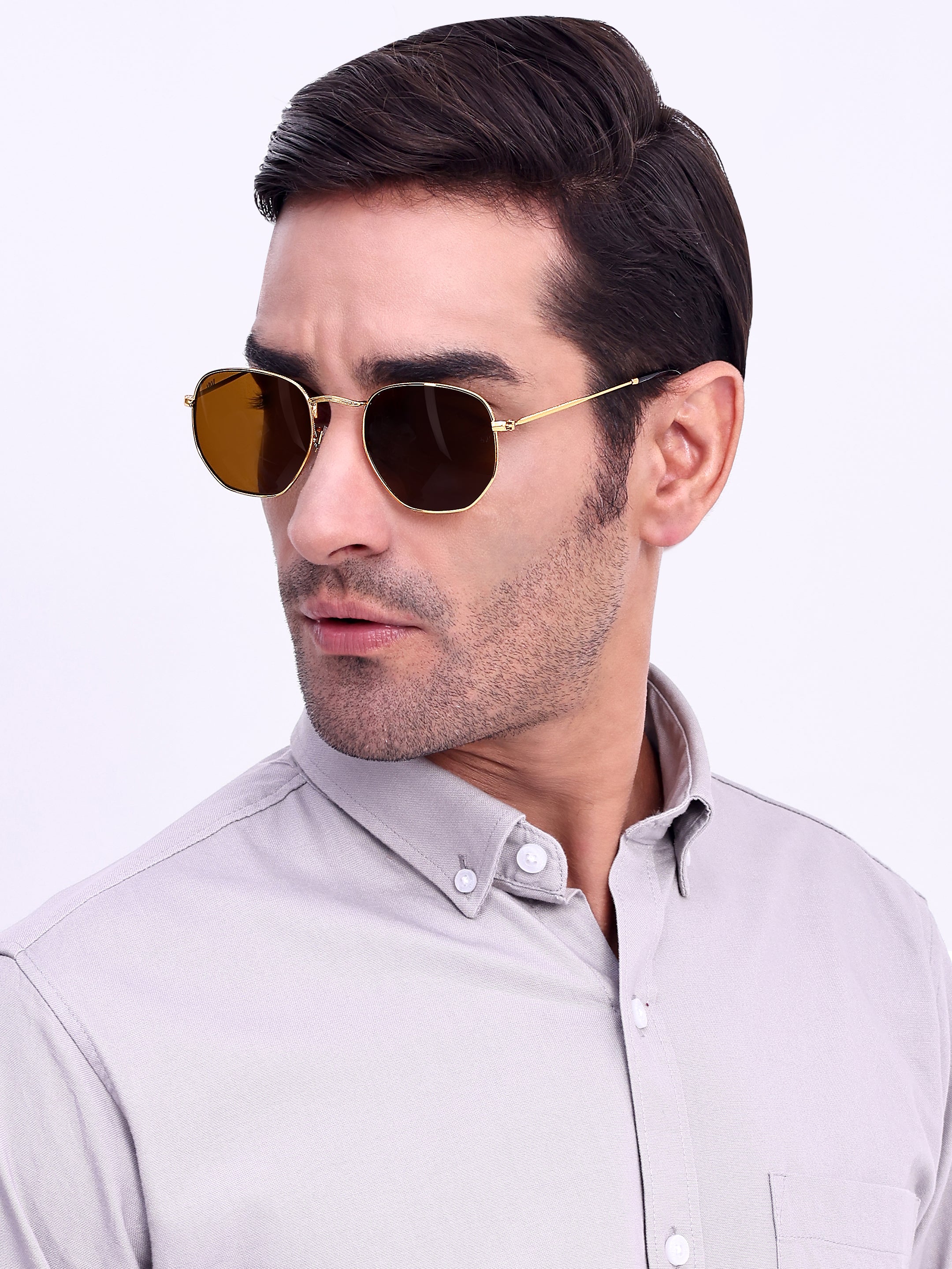 Men Hexagon UV Protected Sunglasses Brown