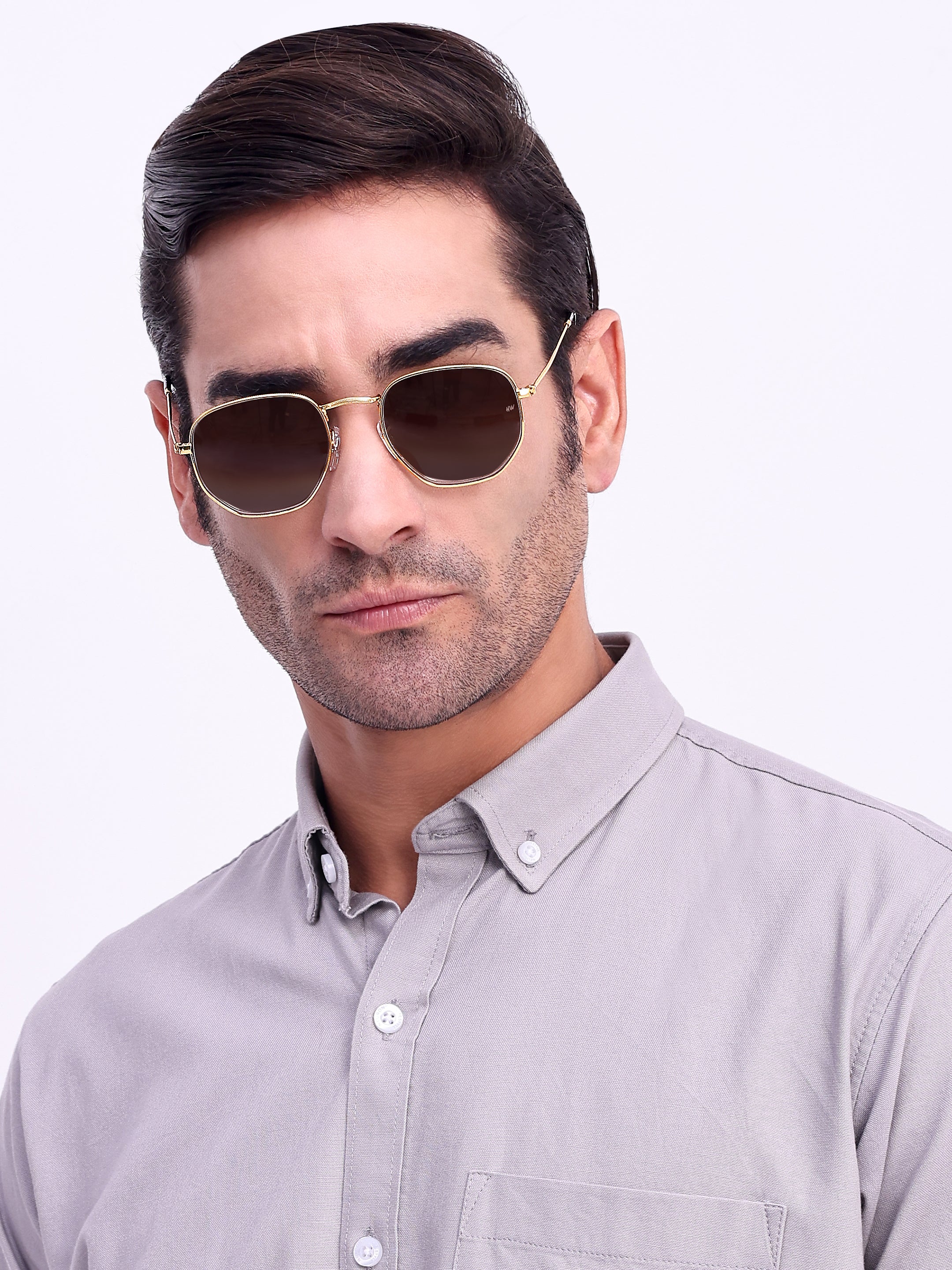 Men Hexagon UV Protected Sunglasses Brown