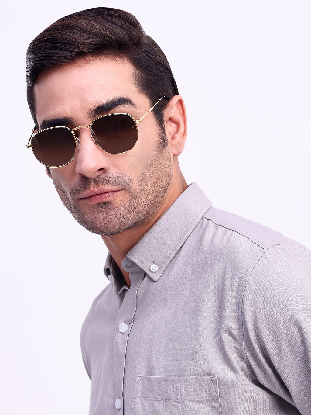 Men Hexagon UV Protected Sunglasses Brown