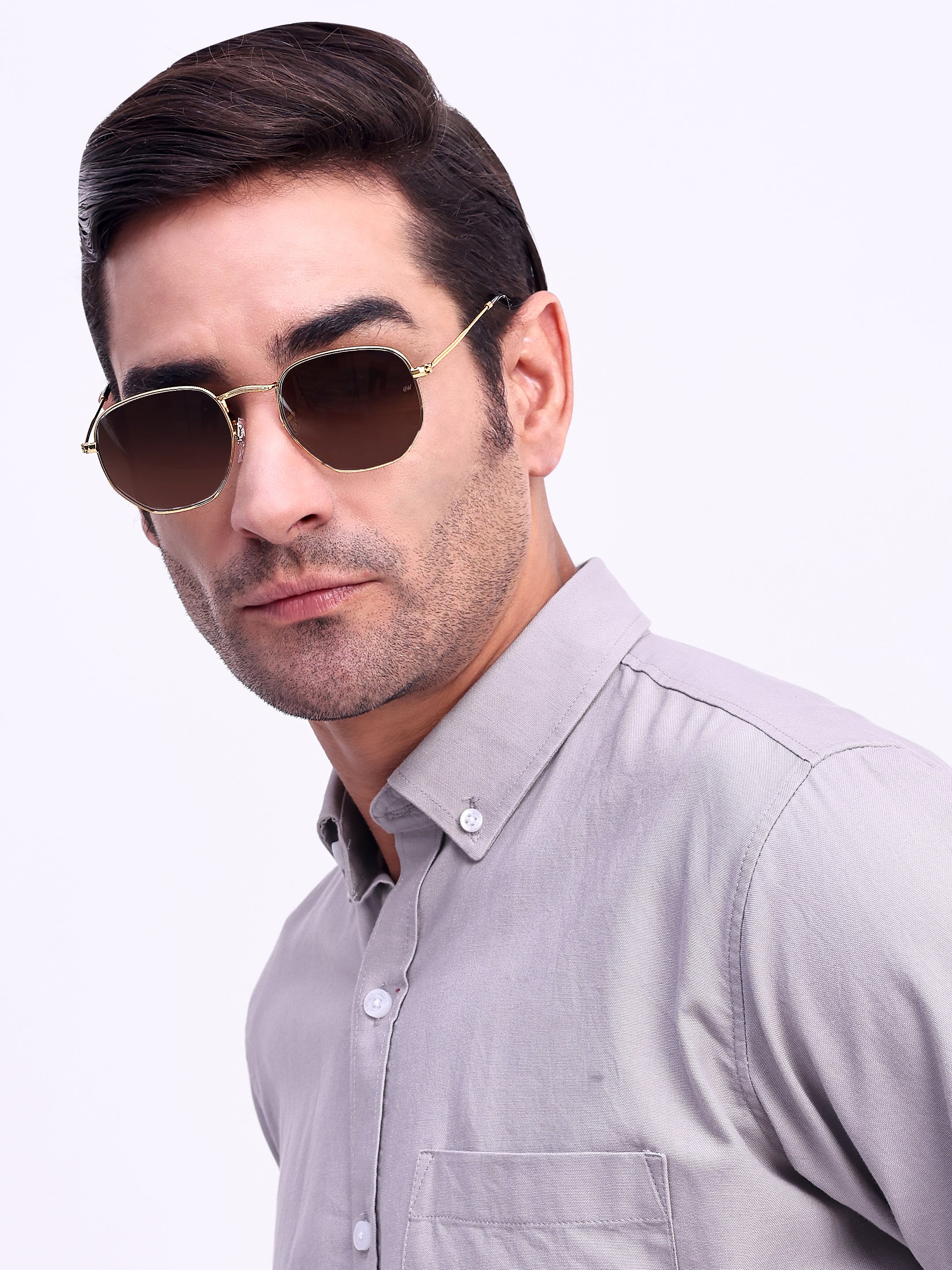 Men Hexagon UV Protected Sunglasses Brown