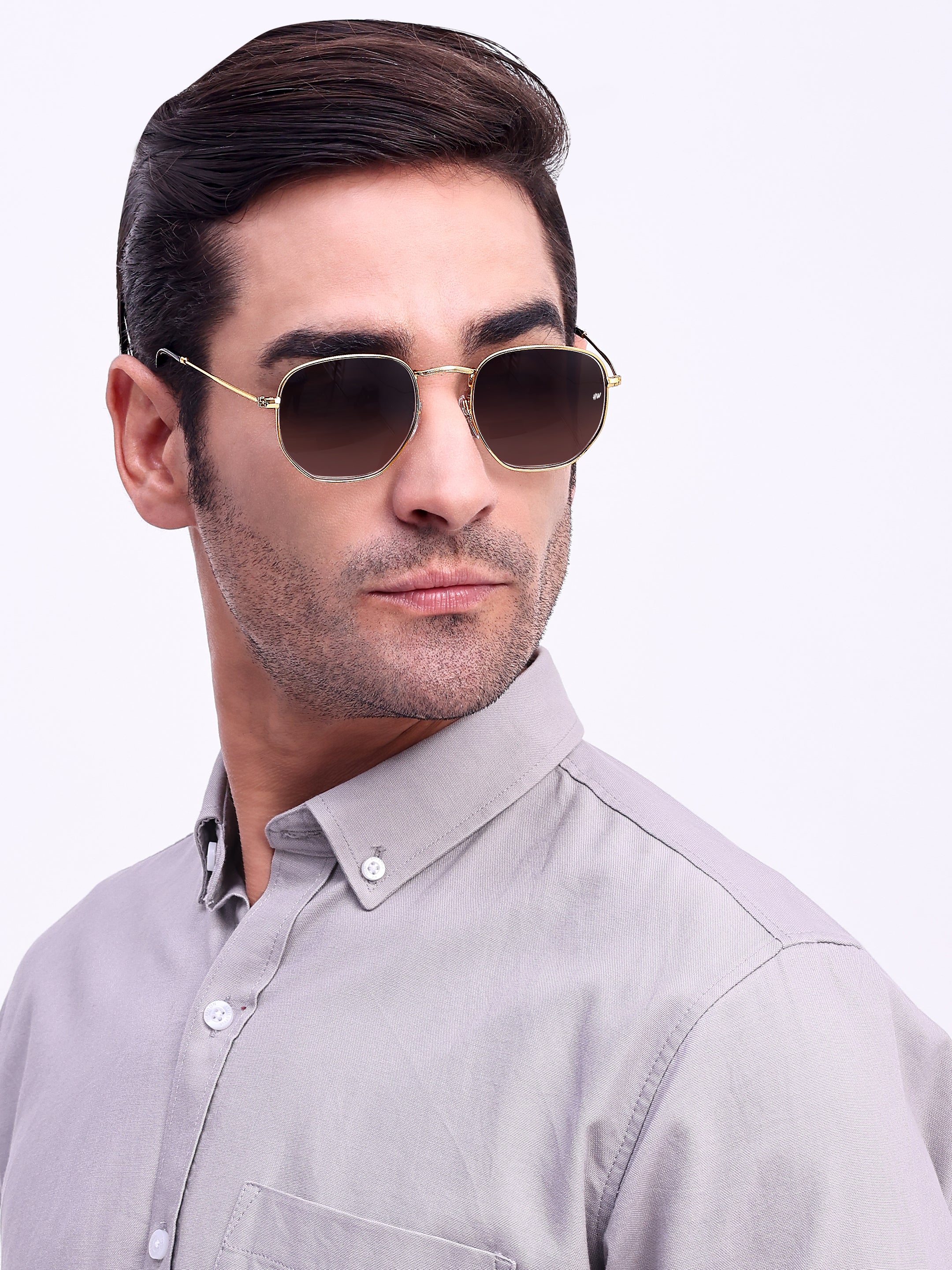 Men Hexagon UV Protected Sunglasses Brown
