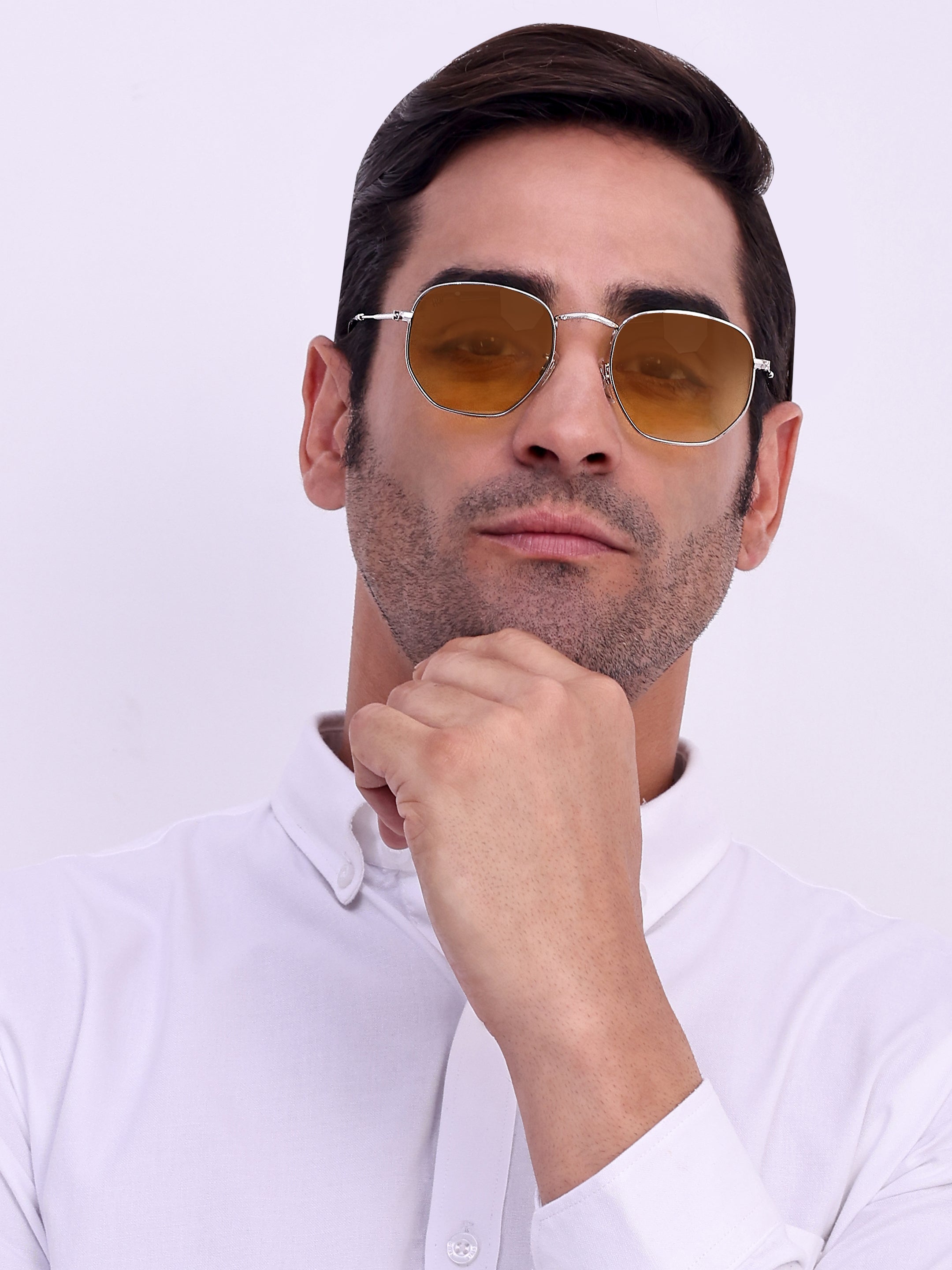 Men Hexagon UV Protected Sunglasses Light Brown