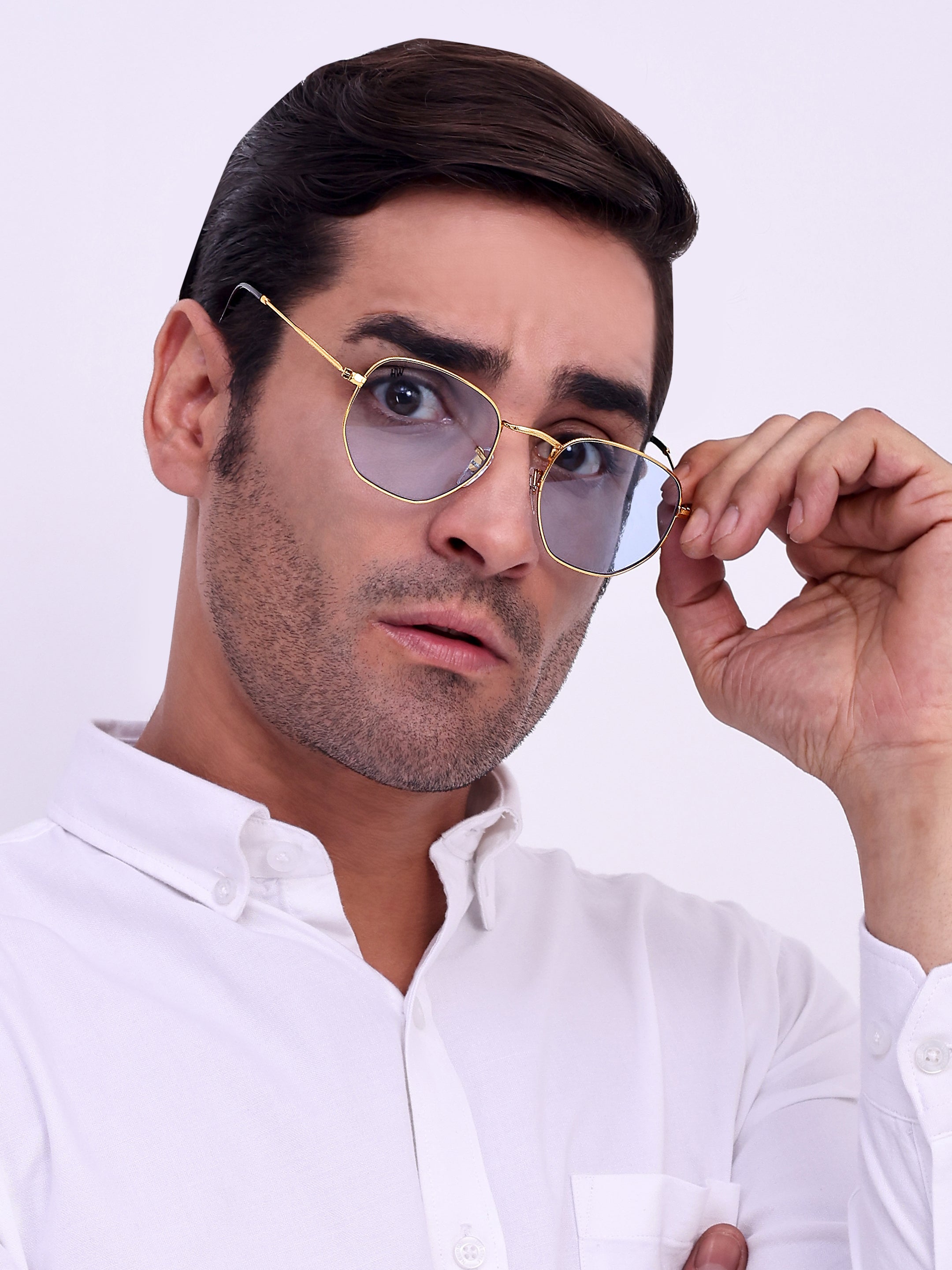 Men Hexagon UV Protected Sunglasses Light Grey