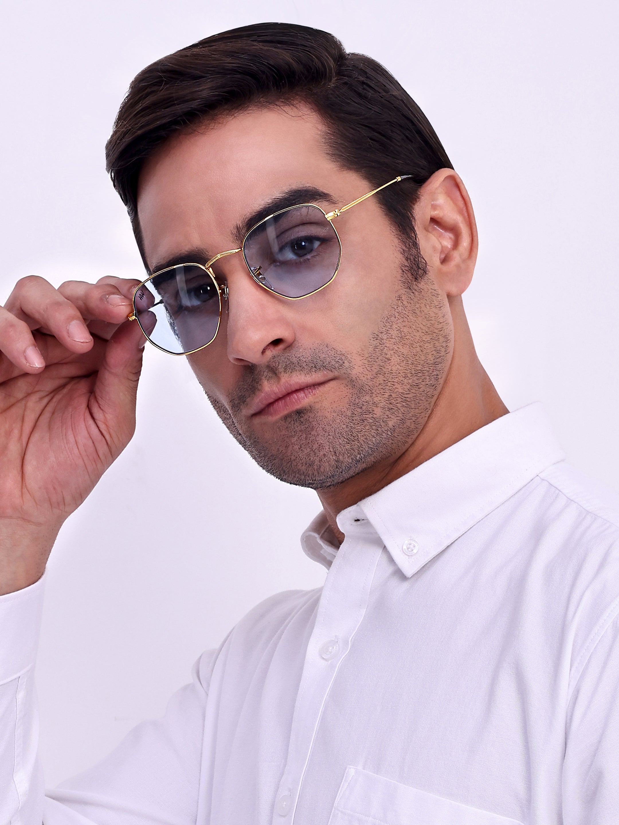 Men Hexagon UV Protected Sunglasses Light Grey