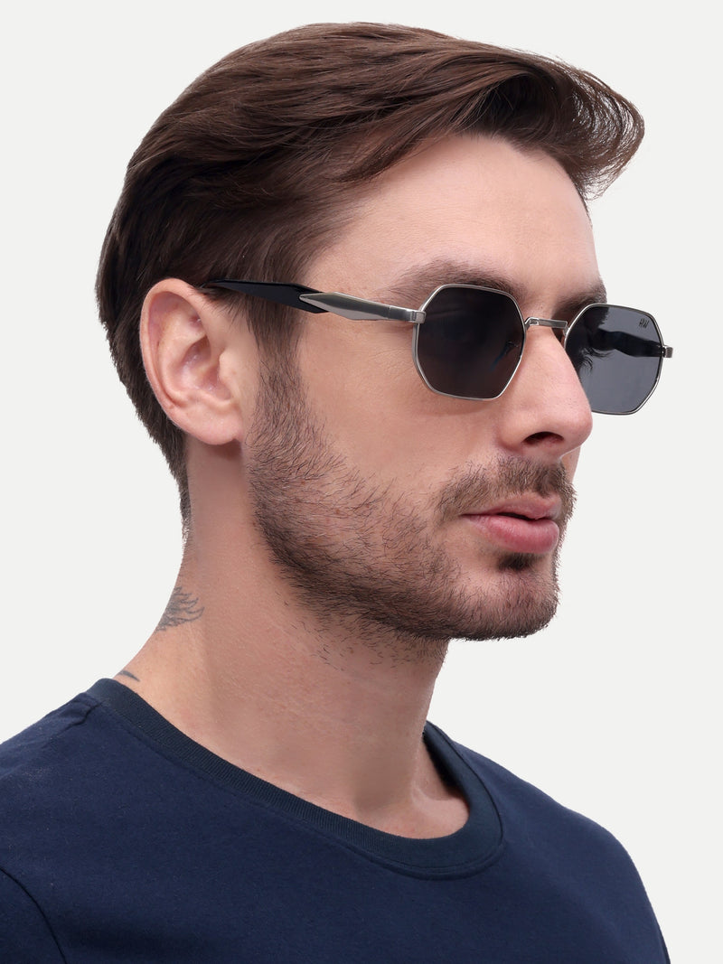 Silver black metal hexagon mens sunglasses