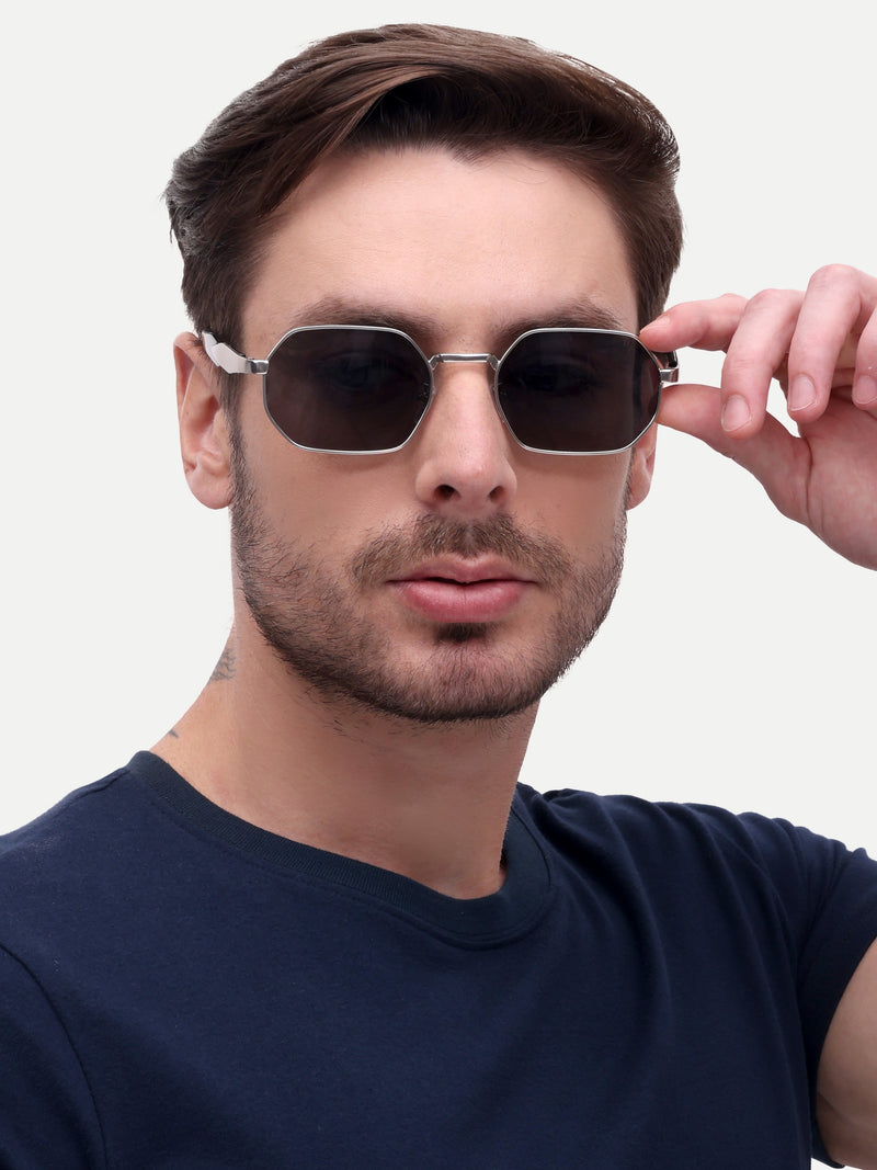 Silver black metal hexagon mens sunglasses
