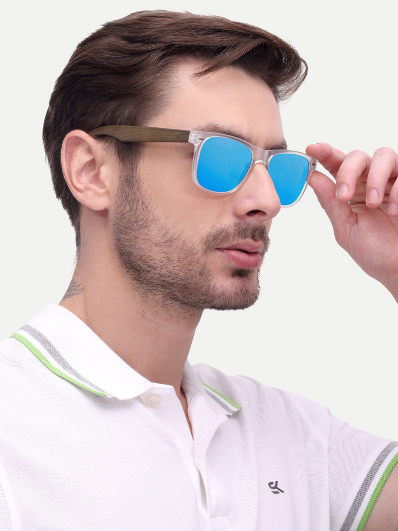 Transparent blue reflector wayfarer sunglasses